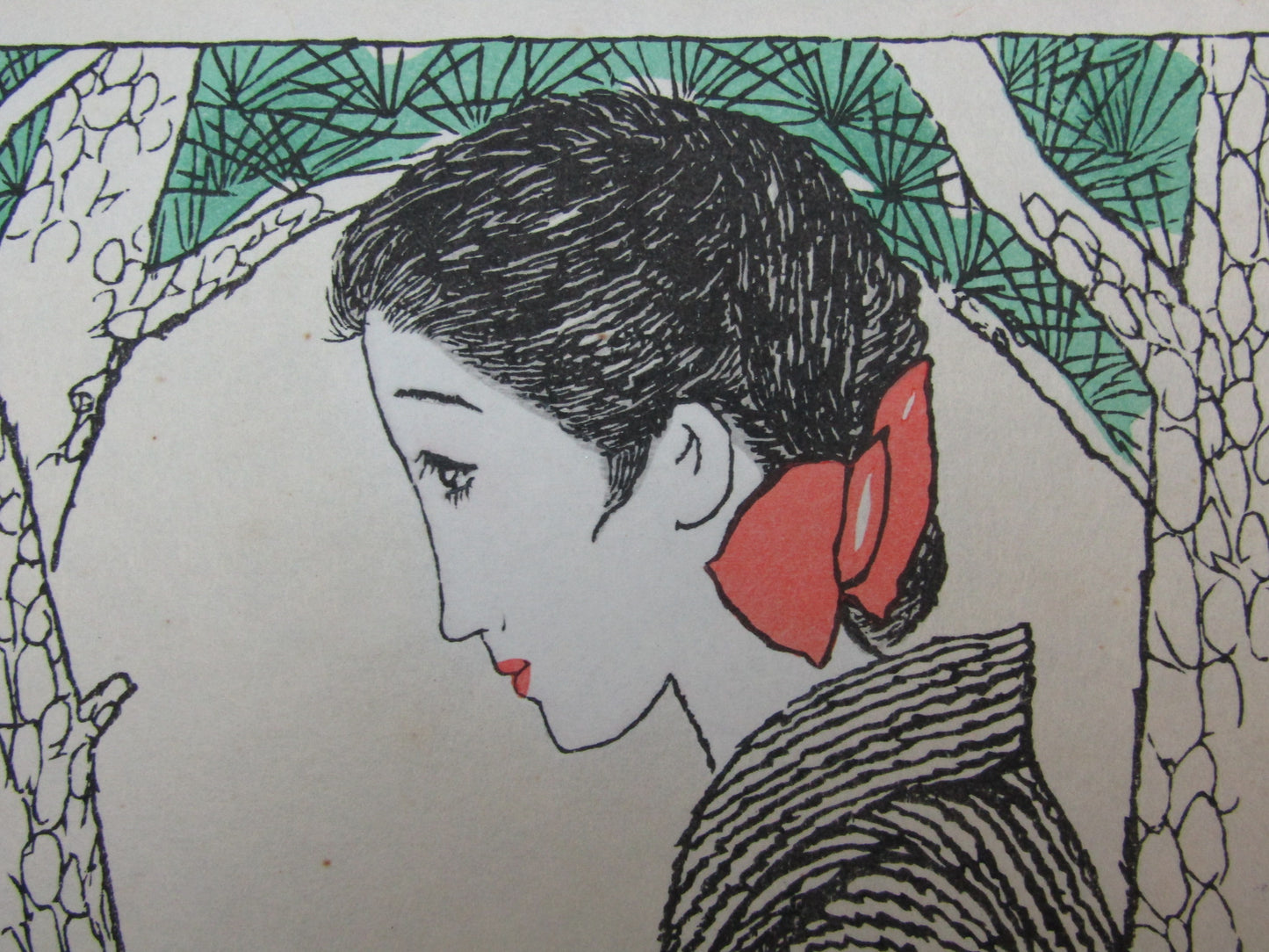 "Woman leaning on a tree" Yumeji Framed Woodblock print