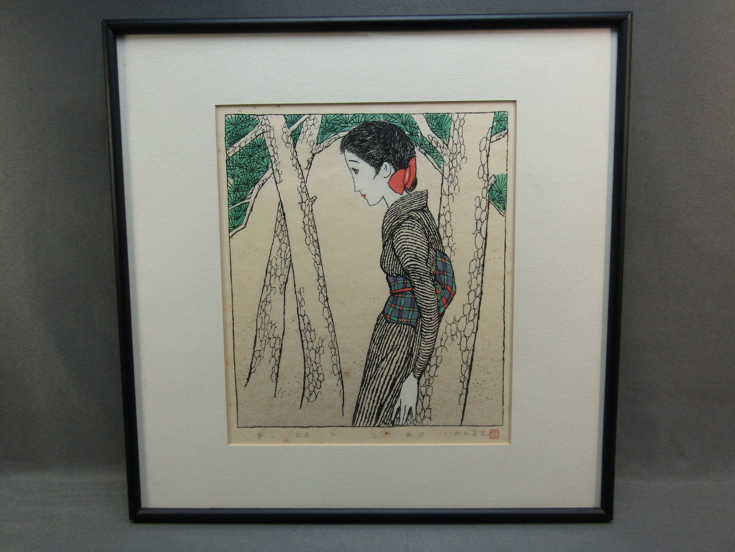 "Woman leaning on a tree" Yumeji Framed Woodblock print