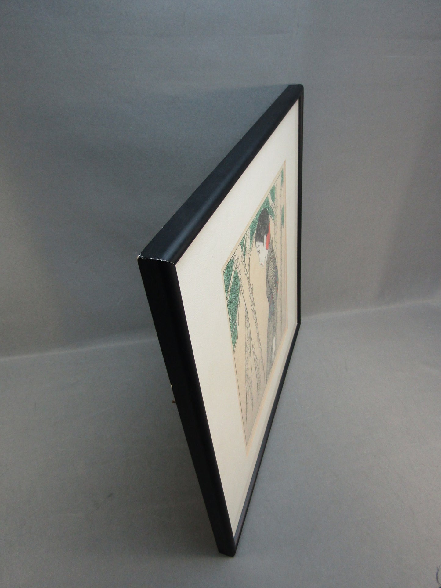 "Woman leaning on a tree" Yumeji Framed Woodblock print