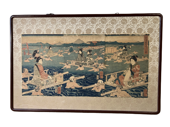"Tokaido Oi River Transfer" Yoshisada Framed Triple print Woodblock print
