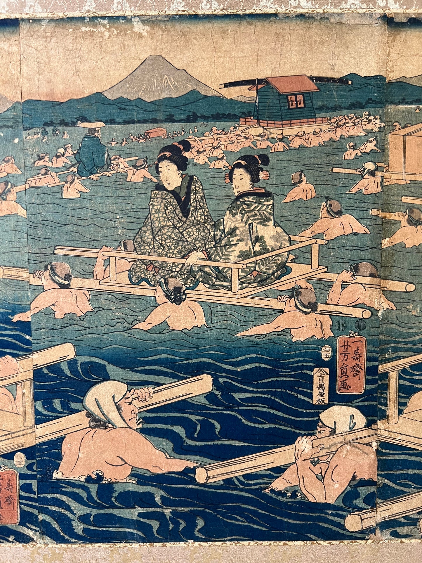 "Tokaido Oi River Transfer" Yoshisada Framed Triple print Woodblock print