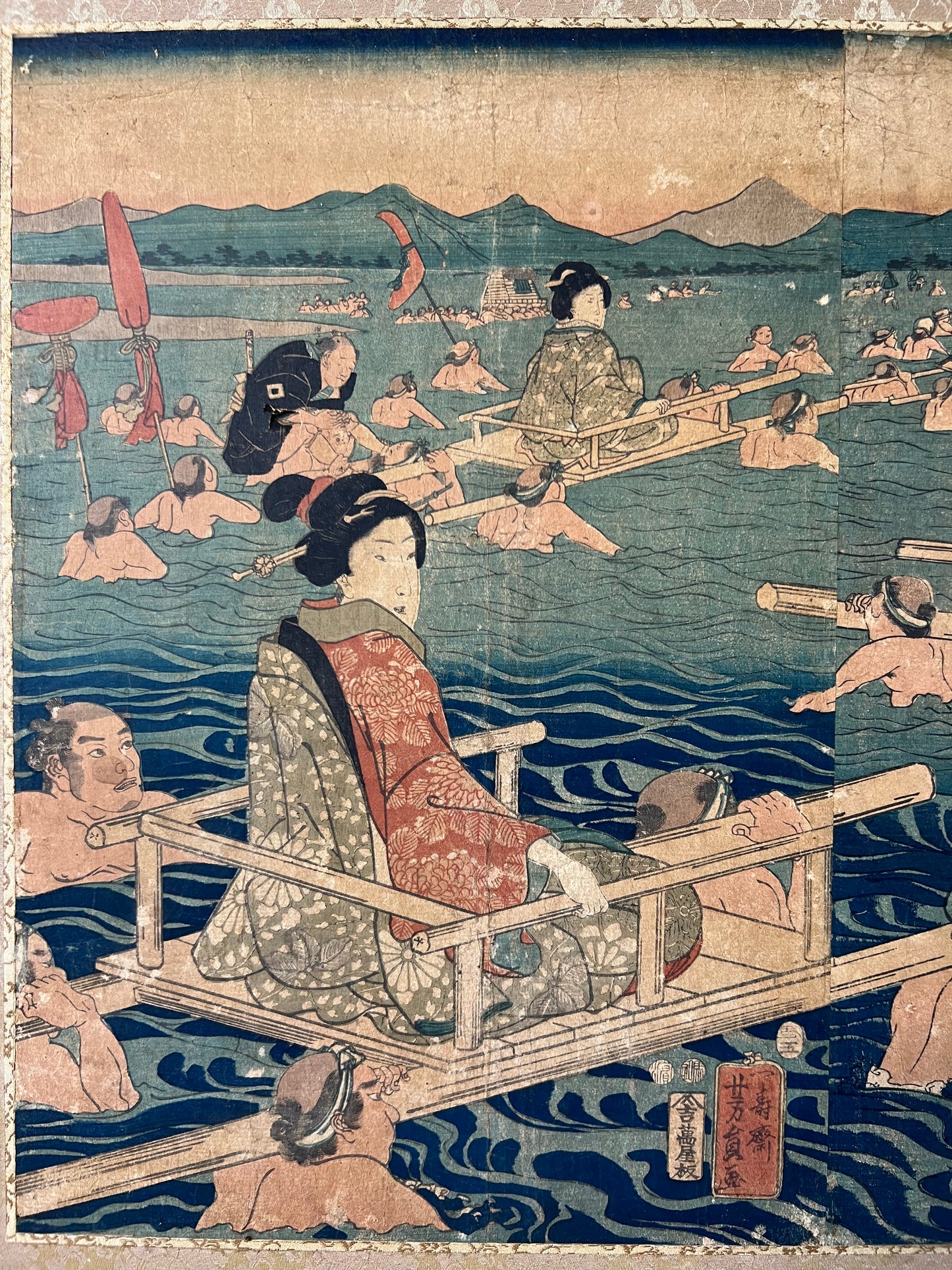 "Tokaido Oi River Transfer" Yoshisada Framed Triple print Woodblock print