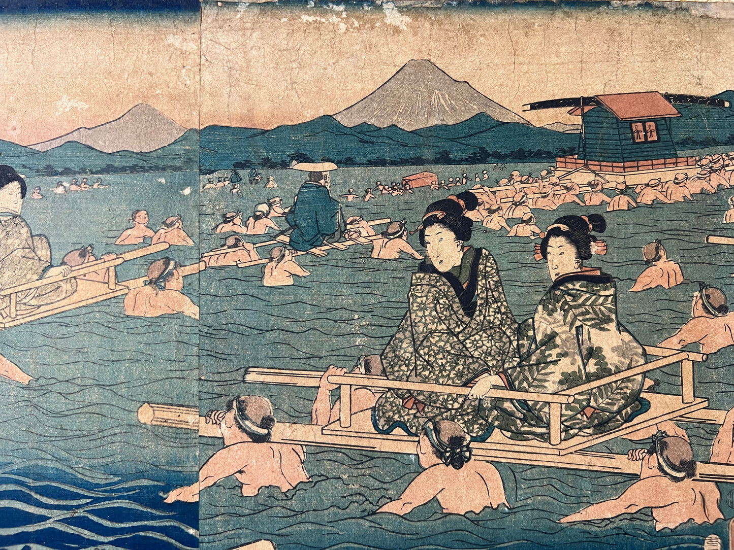 "Tokaido Oi River Transfer" Yoshisada Framed Triple print Woodblock print