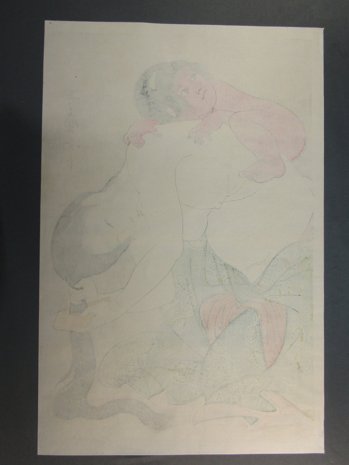 "A baby and a woman with a hairdresser" Utamaro Woodblock print