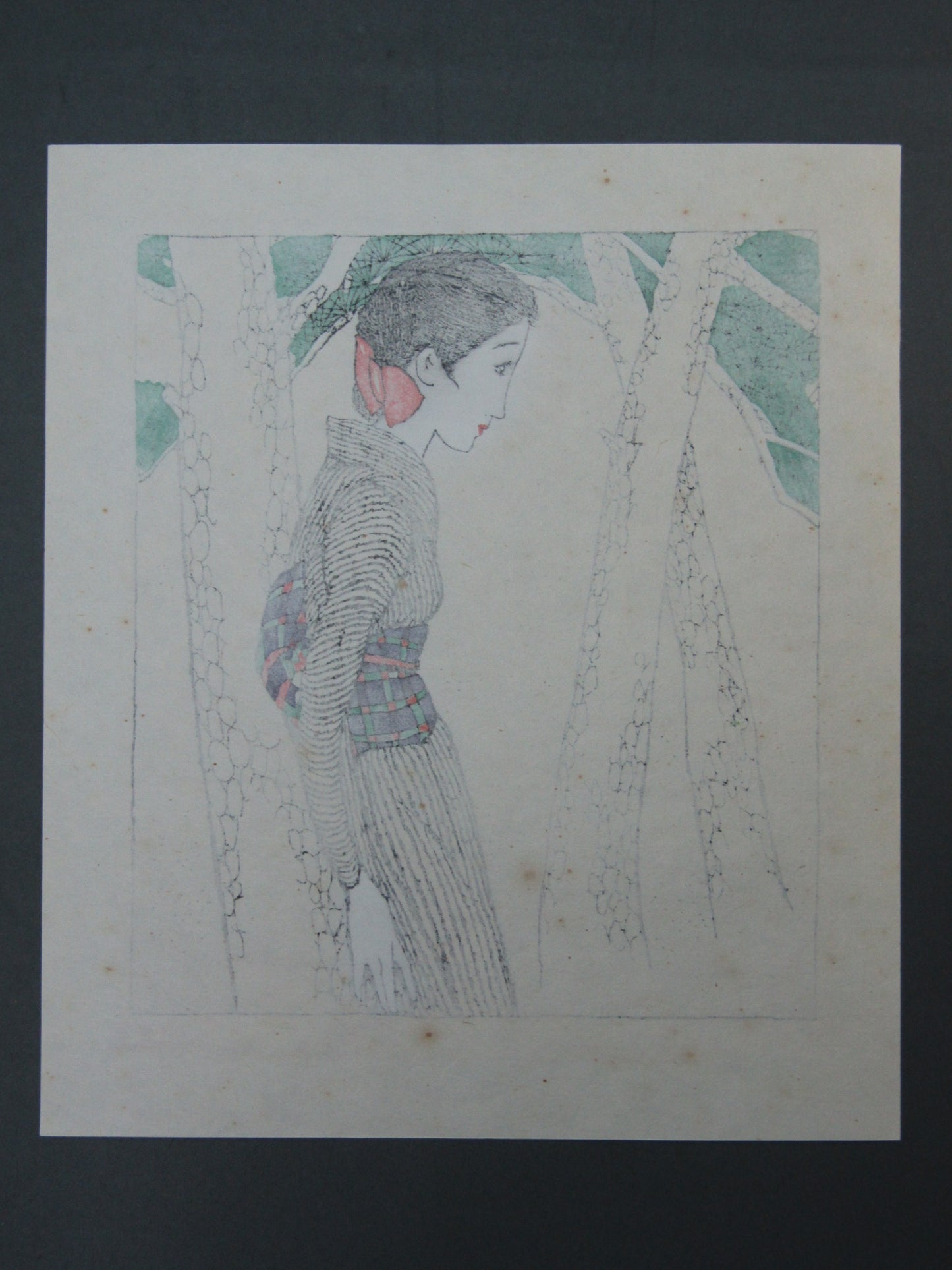 "Woman leaning on a tree" Yumeji Framed Woodblock print