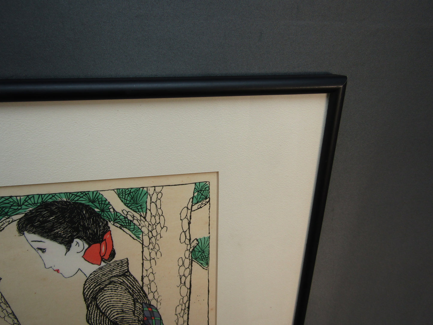 "Woman leaning on a tree" Yumeji Framed Woodblock print
