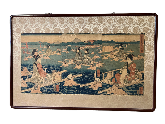 "Tokaido Oi River Transfer" Yoshisada Framed Triple print Woodblock print